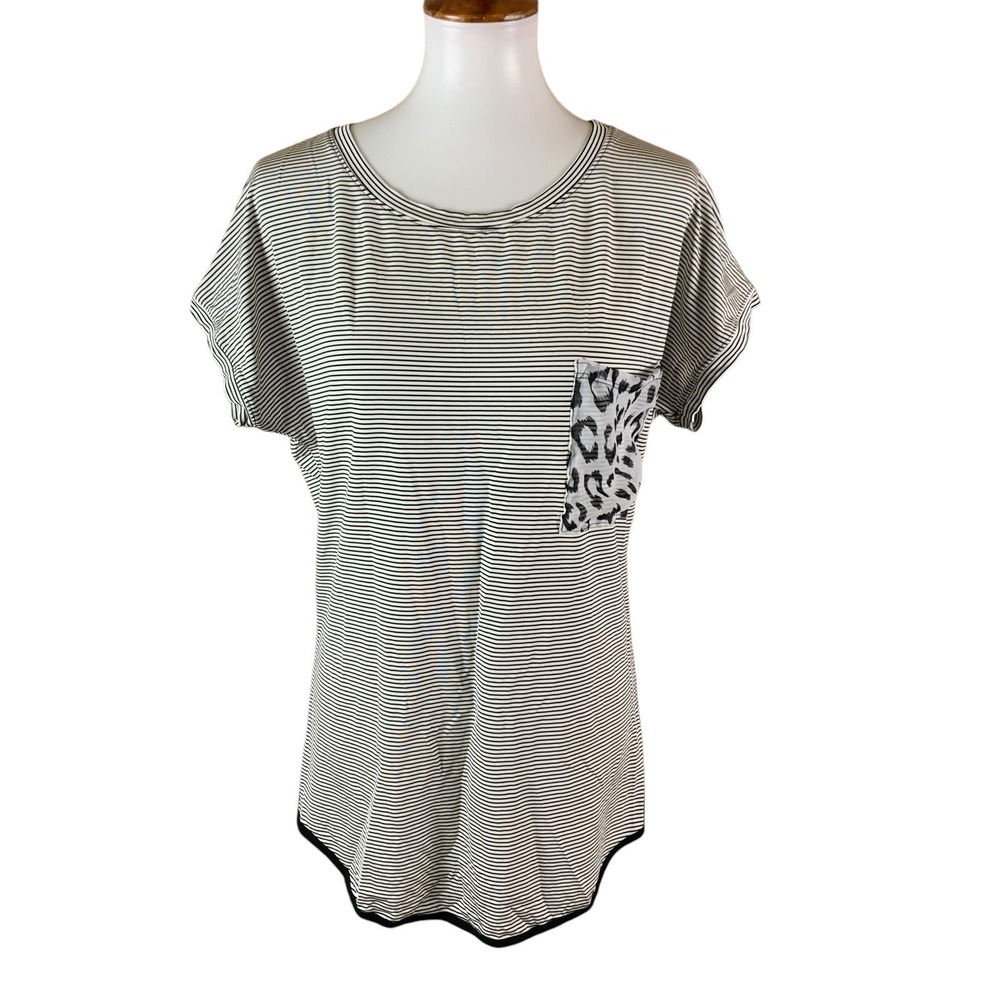 Fresh‎ Karma Striped Tee Leopard Pocket Contrast Hem Casual Stretchy Large